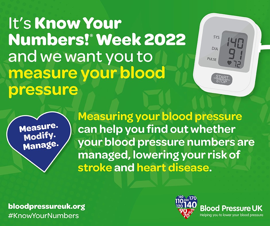 Blood Pressure Week Advert - It's Know Your Numbers Week 2022 and we want you to measure your blood pressure. Measuring your blood pressure can help you find out whether your blood pressure numbers are managed, lowering your risk of stroke and heart disease.